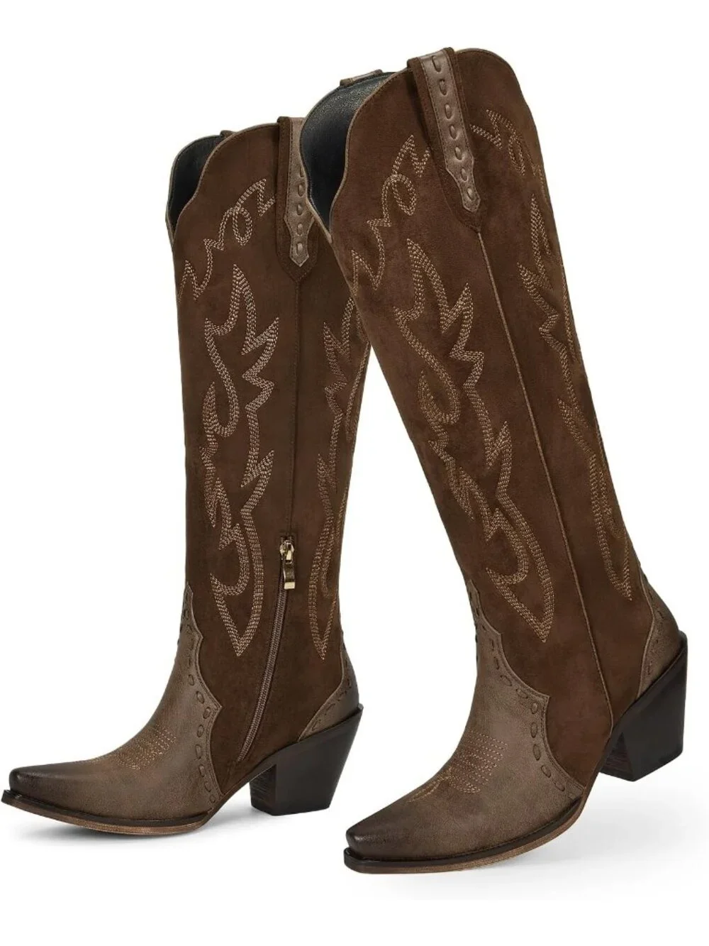 🆕Women's Brown Knee High Flame Embroidered Snip Toe Zipper Chunky Heel